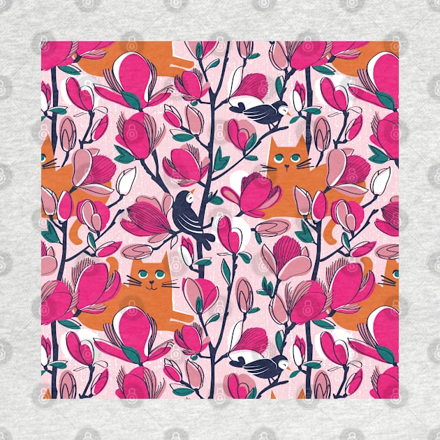 Hello Spring! // pattern // pastel pink background orange tabby cat fuchsia pink Magnolia full bloom navy blue branches birds and lines by SelmaCardoso